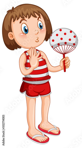 Cute girl in red outfit holding hand fan