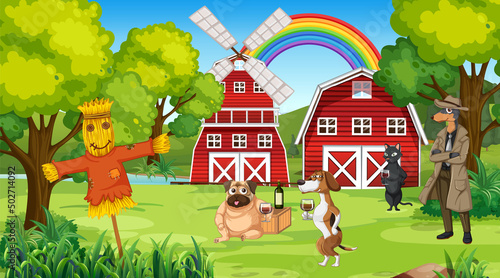 Outdoor farm scene with cartoon dogs