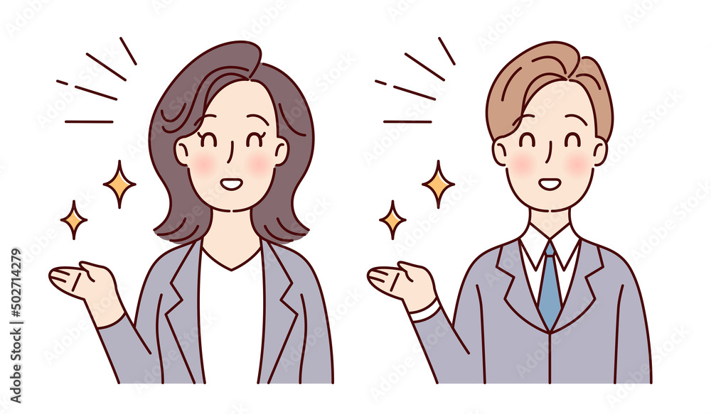 Businessman and businesswoman characters cartoon welcome and invite people to come in Businessman and businesswoman characters cartoon welcome and invite people to come in