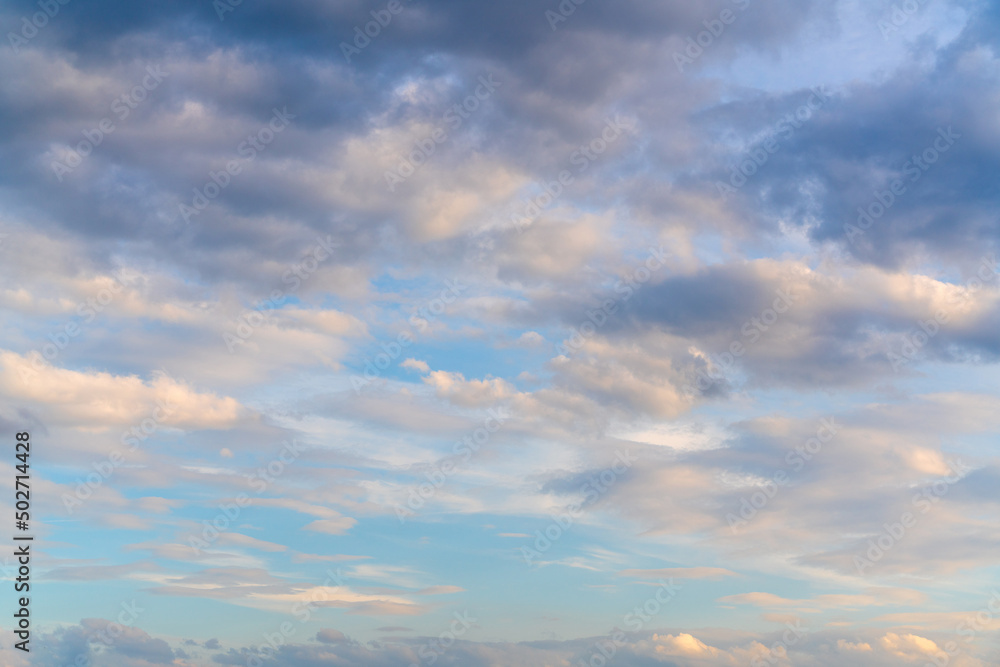 Beautiful clouds in the blue sky. Natural atmospheric background.
