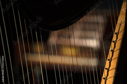 harp strings detail close up isolated on black