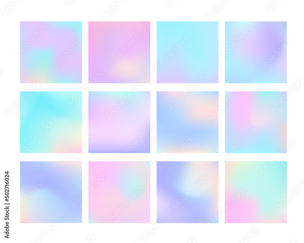 Holographic backgrounds set with smooth multicolor textures. Pastel trendy blurred template for cover,  banner, poster design