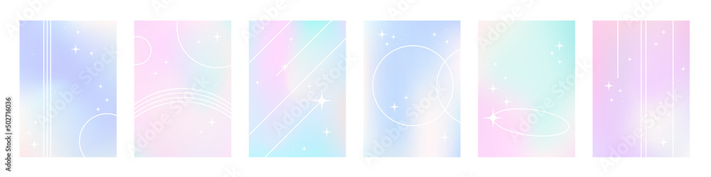 Fluid holographic gradient poster collection. Beautiful cover set with pastel liquid colors and line art of stars - obrazy, fototapety, plakaty 