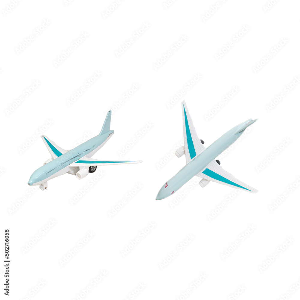 Children's airplane toy passenger side view and top view on white background