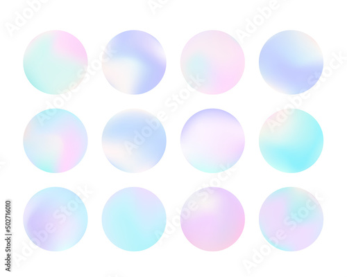 Vivid gradient circle set. Beautiful fluid holographic iridescent color spheres