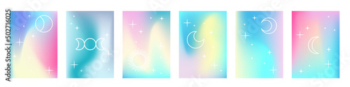 Fluid holographic gradient poster collection. Beautiful cover set with pastel liquid colors and line art of stars, moon and sun