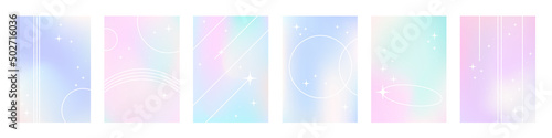 Fluid holographic gradient poster collection. Beautiful cover set with pastel liquid colors and line art of stars photo