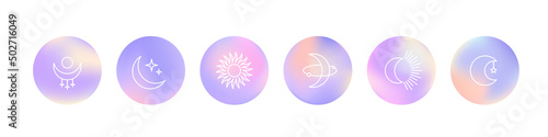 Vivid gradient circles with line art of sun, moon and mystic evil eye. Beautiful fluid holographic iridescent color spheres for stories highlights