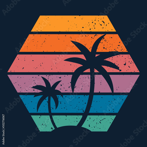 Retro sunset. Vintage striped colorful background with palm trees