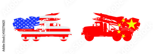 Artillery Launcher truck vector illustration. USA Missile Rocket carrier with nuclear bomb against China launcher. War threat. Powerful army weapon for battle. Doomsday alert. Top secret to enemy.