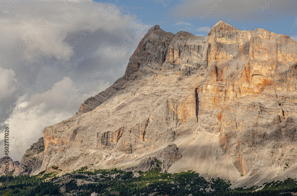 Fototapeta premium View of Sasso di Santa Croce mountain range in the Eastern Dolomites, dominates Badia valley below, as seen from Gardenacia refuge, Trentino, Alto Adige, South Tyrol, Italy