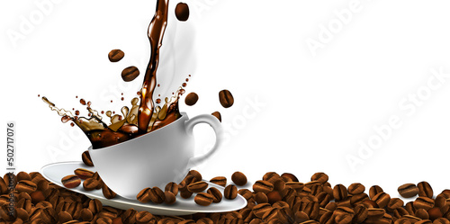 Cup of coffee, coffee beans and splash effect,  high detailed realistic illustration.