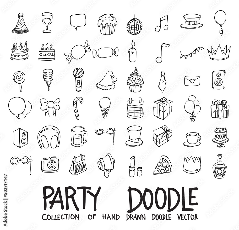 Party Doodle vector icon set. Drawing sketch illustration hand drawn line eps10 Party Doodle vector icon set. Drawing sketch illustration hand drawn line eps10