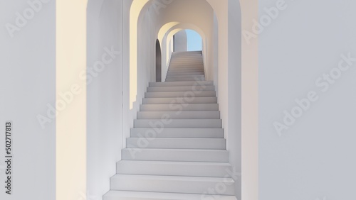 Architecture interior background arched pass with staircase 3d render