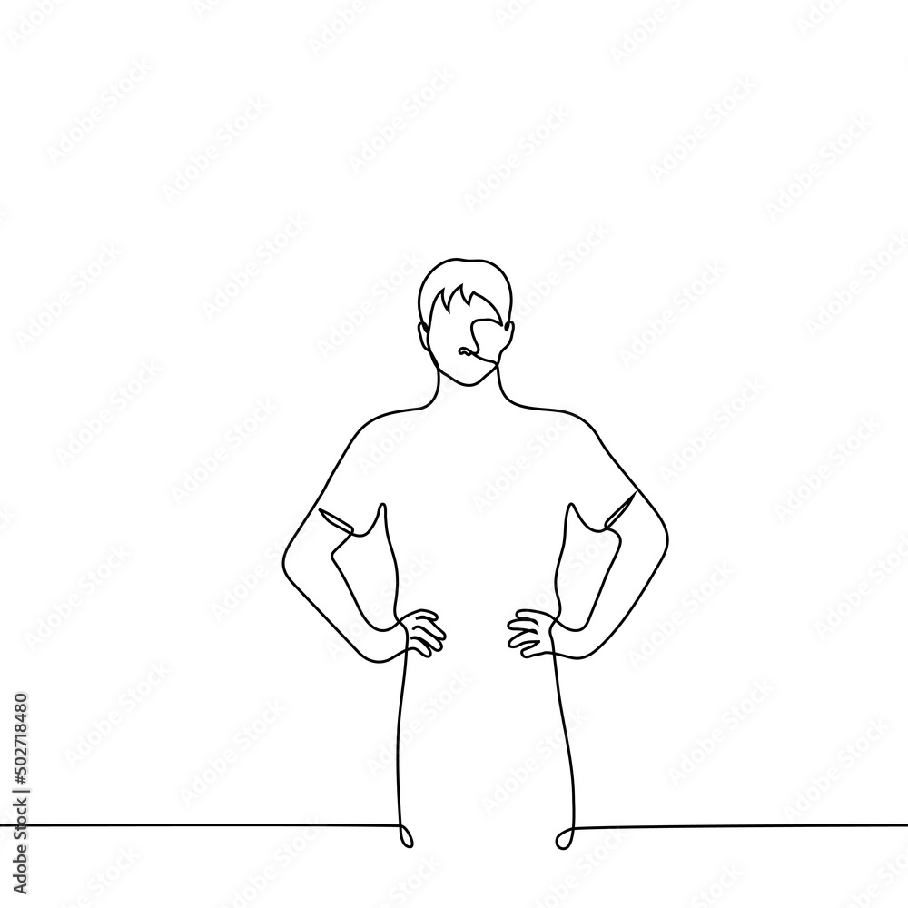 man stands hands on hips - one line drawing vector. concept reflections ...