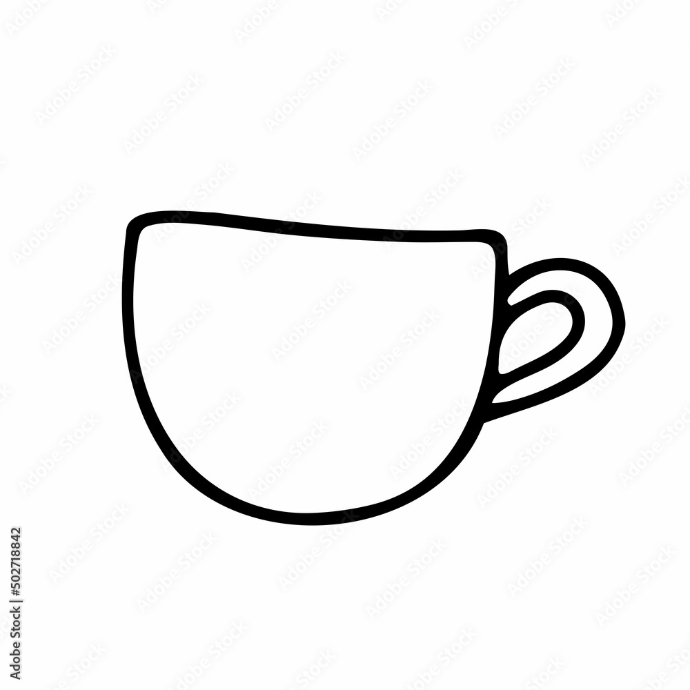 Doodle coffee cup. Cute hot beverage isolated on white background. Outline tea, latte, cappuccino, americano mug with handle. Vector burgundy dishes illustration for coffee shop, cafe, kitchen print Doodle coffee cup. Cute hot beverage isolated on white background. Outline tea, latte, cappuccino, americano mug with handle. Vector burgundy dishes illustration for coffee shop, cafe, kitchen print