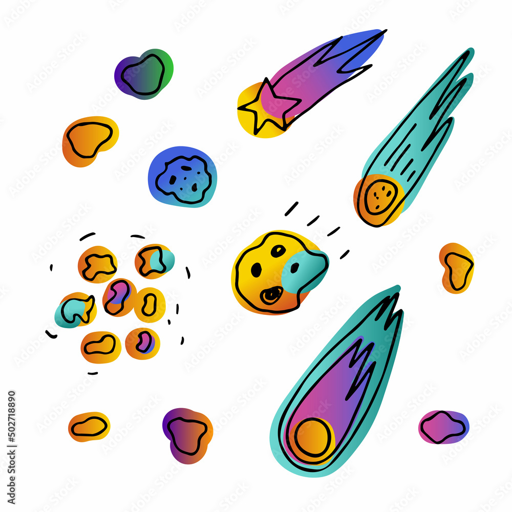 Line Space doodle comet set. Hand-drawn asteroids isolated on white background. Color astronomical object. Universe meteorite sign. Astronomy, astrology, cosmos symbol. Vector science illustration