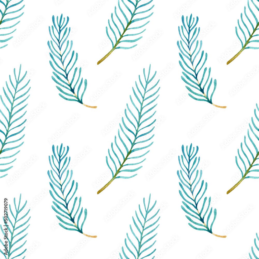 Fototapeta Green watercolor fir twigs isolated on a white background. Hand drawn seamless pattern. Evergreen Christmas tree leaves