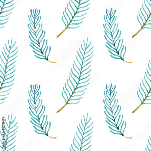 Green watercolor fir twigs isolated on a white background. Hand drawn seamless pattern. Evergreen Christmas tree leaves