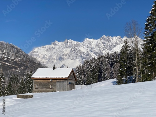 Indigenous alpine huts and wooden cattle stables on Swiss pastures covered with fresh white snow cover, Nesslau - Obertoggenburg, Switzerland (Schweiz)