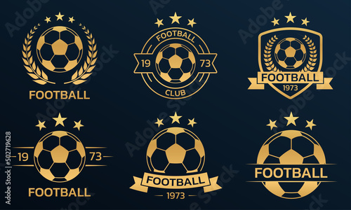 Soccer logo set with a ball. Football club or team emblem, badge, icon design. Sport tournament, league, championship gold labels. Vector illustration.