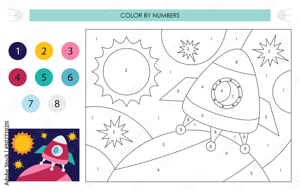 Space activities for kids. Color by numbers Rocket ship on the Mars