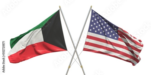 Flags of the USA and Kuwait on white background. 3D rendering