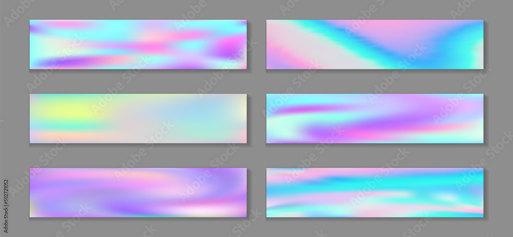 Holography stylish banner horizontal fluid gradient mermaid backgrounds vector set. Foil holography
