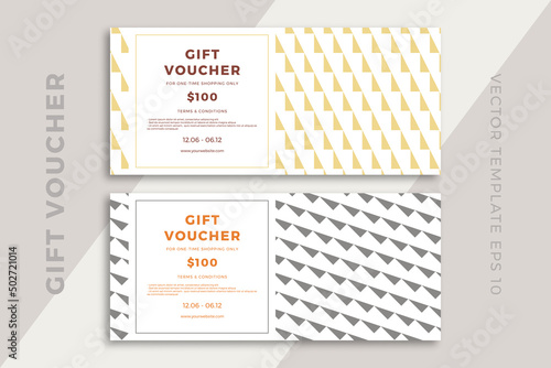 Modern discount coupon or certificate template with artistic geometric pattern. Trendy creative gift card mockup. Clean and simple vector editable background with sample text. EPS10