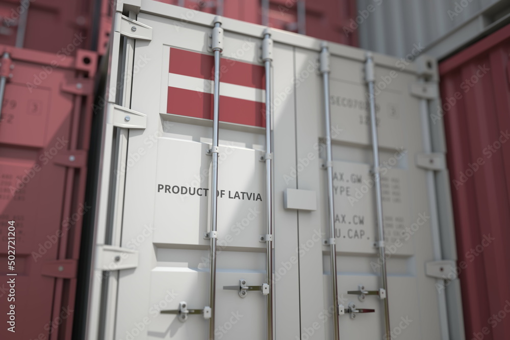 Cargo container with products of Latvia and printed national flag. Logistics related 3D rendering - obrazy, fototapety, plakaty 
