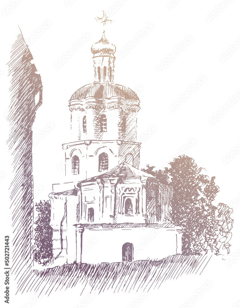 Vector traced Hand drawn landscape ink and pen sketch of an ancient building of Collegium in Chernihiv, Ukraine