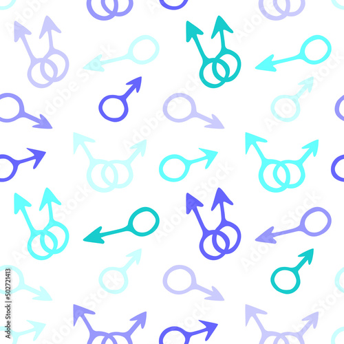 Vector seamless pattern of symbols of mars, male gender icons in doodle style. Man love combinations. Texture of theme of LGBTQ, gay love, pride, homosexual