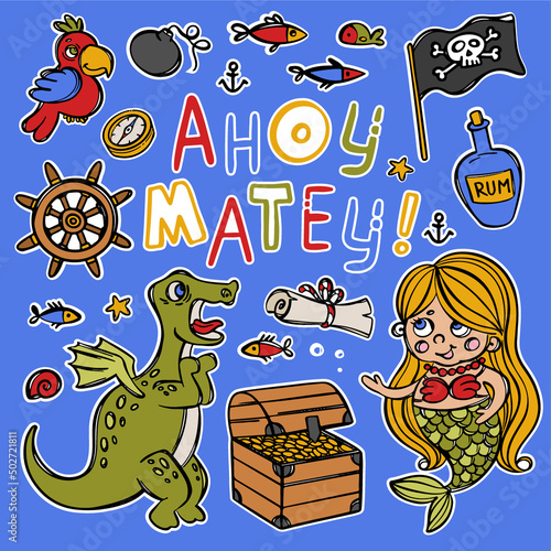 MERMAID AND DINO Travel Sea Hand Drawn Attributes Cartoon Skull Flag And Rum Bottle Golden Coins Treasure Text Stickers Clipart Objects Vector Illustration Set