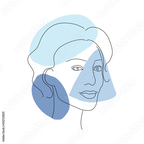 Woman face line art. Natural skin. Blue tone concept.