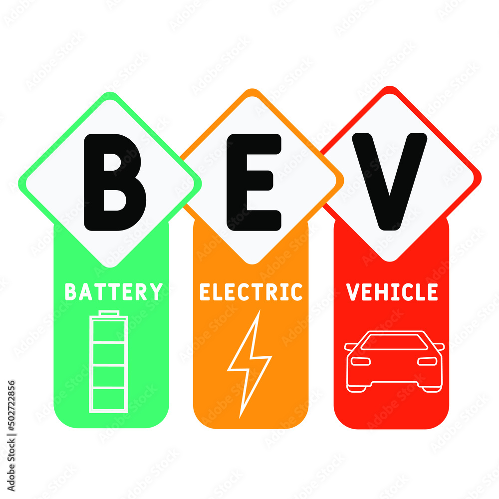 BEV Battery Electric Vehicle acronym. business concept background. vector illustration concept with keywords and icons. lettering illustration with icons for web banner, flyer, landing page BEV Battery Electric Vehicle acronym. business concept background. vector illustration concept with keywords and icons. lettering illustration with icons for web banner, flyer, landing page