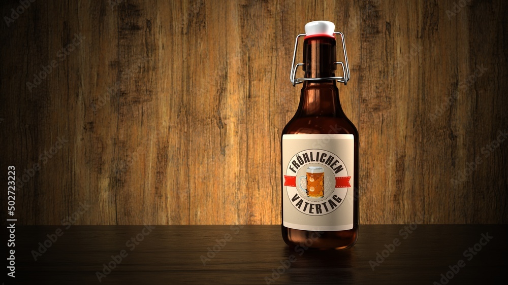 Bierflasche mit der Etikette Fröhlichen Vatertag - obrazy, fototapety, plakaty 