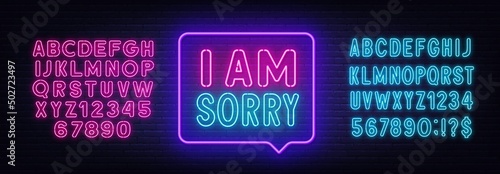 I am sorry neon sign in the speech bubble on brick wall background.