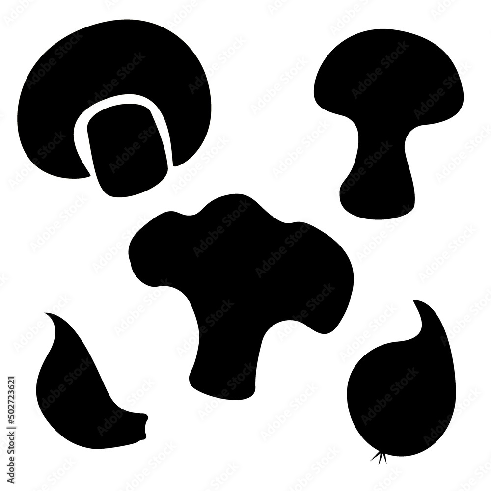 A set of silhouette images of mushrooms, garlic cloves and onion heads. Abstract background. A set of silhouette images of mushrooms, garlic cloves and onion heads. Abstract background.