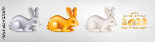 Set of three figurines of sitting Rabbits different colors. White ceramic, silver and golden metal. Rabbit is a symbol of the 2023 Chinese New Year. Vector illustration of zodiac sign of rabbit