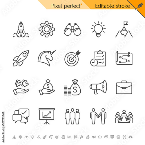 Startup thin icons. Pixel perfect. Editable stroke.