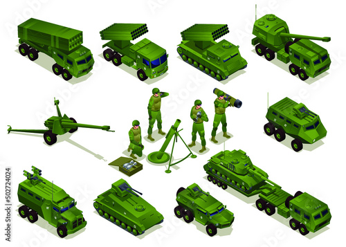 Artillery, rocket artillery, howitzer, ATGM, mortar with crew, heavy track with tank. Combat Vehicles collection set isometric icons on isolated background