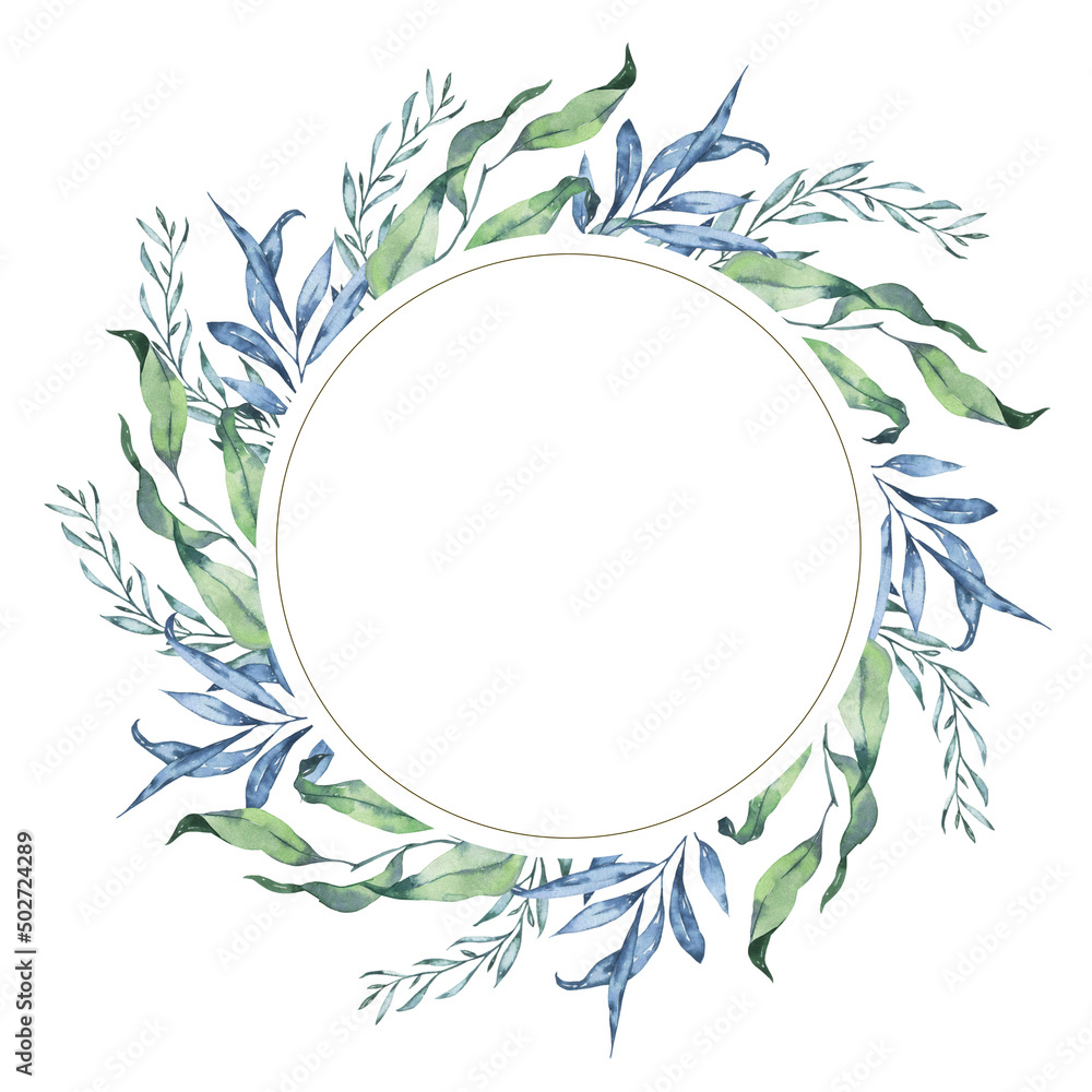 Spring or summer green and blue leaves and branches round frame. Hand drawn watercolor illustration.