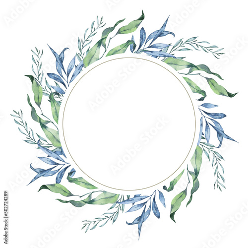 Spring or summer green and blue leaves and branches round frame. Hand drawn watercolor illustration.