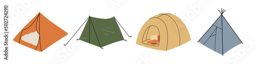 Camping tent vector. Set up camp. Hiking, holiday trip, picnic, survival in wild, fishing, local travel, trekking, outdoor recreation concept. Countryside and nature vacation, tourism