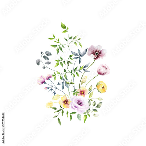 Fototapeta Naklejka Na Ścianę i Meble -  Background with watercolor flowers,floral illustration. Botanic composition for wedding or greeting card.For Mother's Day, wedding, birthday, Easter, Valentine's Day.