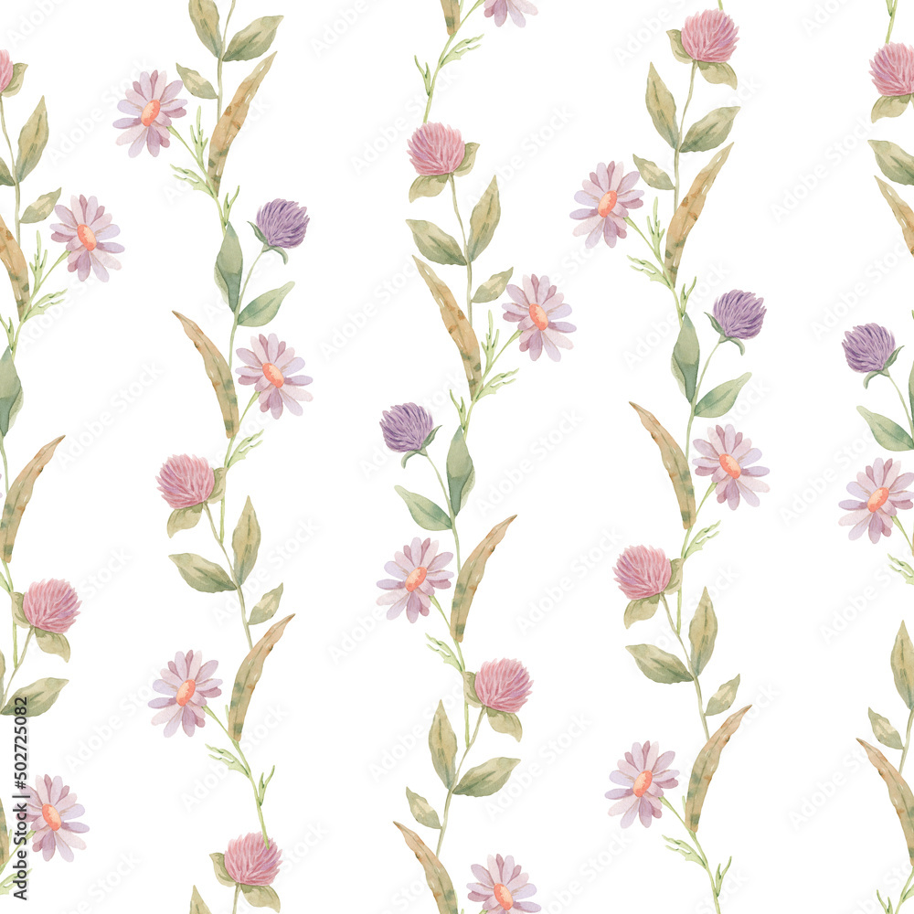 Seamless (surface) pattern (texture) with wild field flowers. Hand painted watercolor.