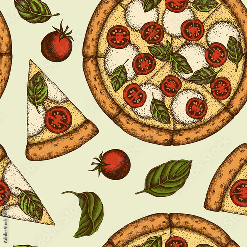 Pizza seamless pattern background design. Engraved style. Hand drawn pizza margherita, basil.