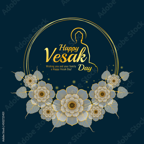 happy vesak day gold text and abstract line buddha sign in abstract gold white lotus and bodhi leaf around circle frame on dark blue background vector design