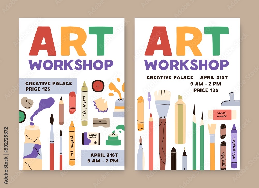 Ad flyers for art class, workshop. Promo poster designs for painting school. Advertisement banner templates for creative artists event with painters stationery on background. Flat vector illustration - obrazy, fototapety, plakaty 
