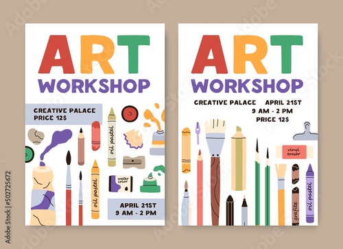 Ad flyers for art class, workshop. Promo poster designs for painting school. Advertisement banner templates for creative artists event with painters stationery on background. Flat vector illustration